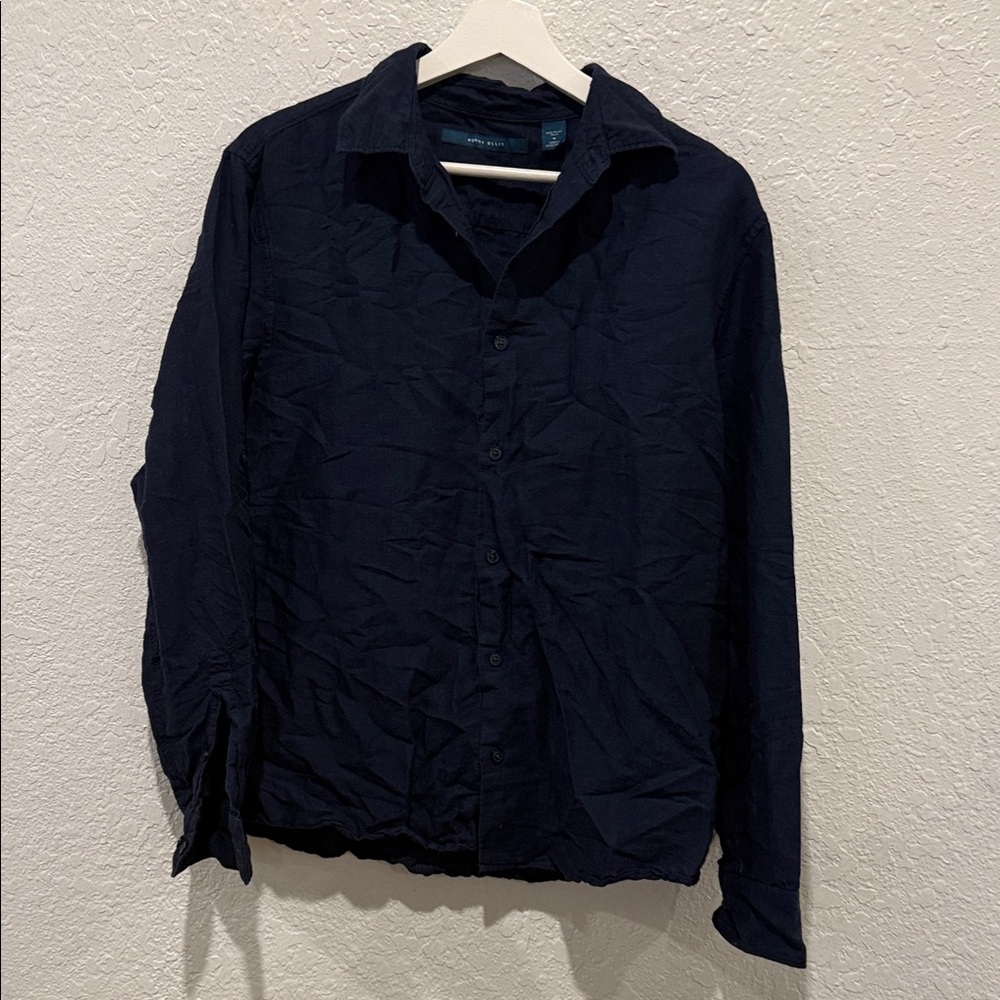 Perry Ellis Men’s Navy Blue Linen Long Sleeve Shirt